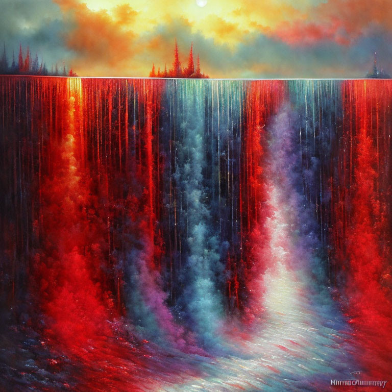 Vibrant waterfall painting with celestial background and glowing orb