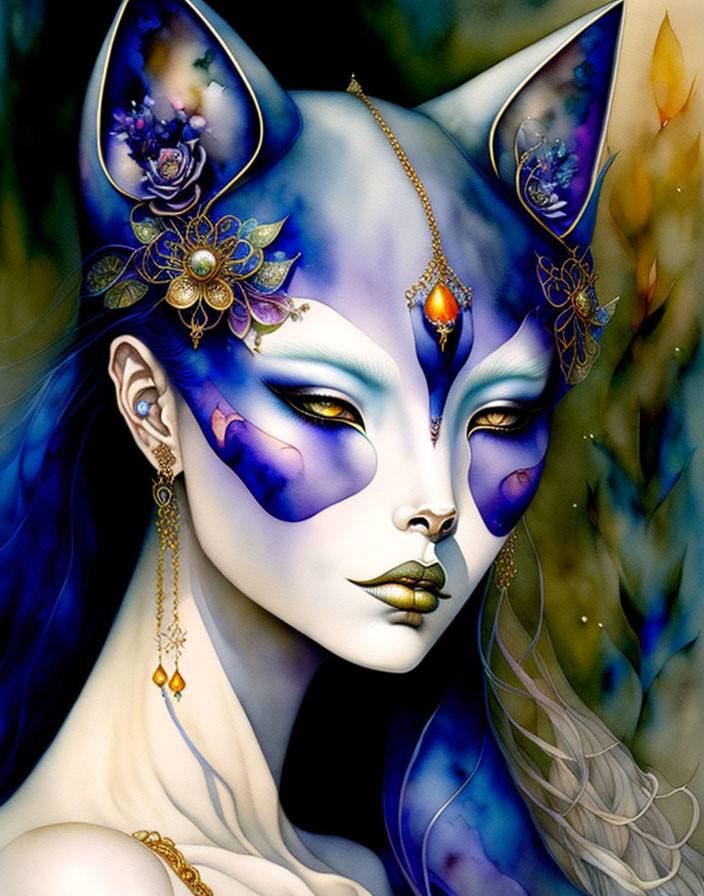 Illustrated Female Figure with Cat-Like Features and Floral Jewelry in Blue, Gold, Purple Hues