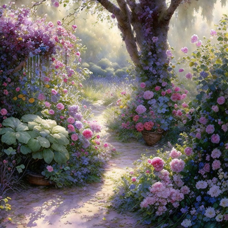 Tranquil Garden Pathway with Pink and Purple Flowers