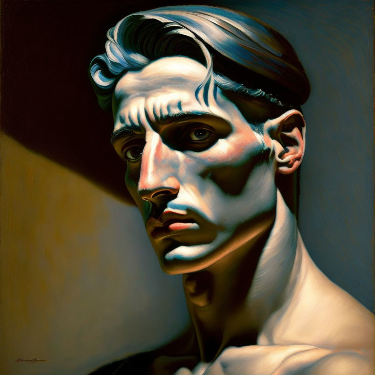 Dramatic portrait of a man with intense gaze and sculpted face