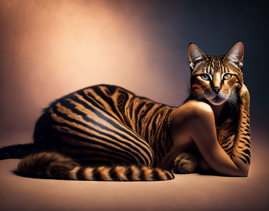 Surreal cat-human hybrid in relaxed pose against brown backdrop