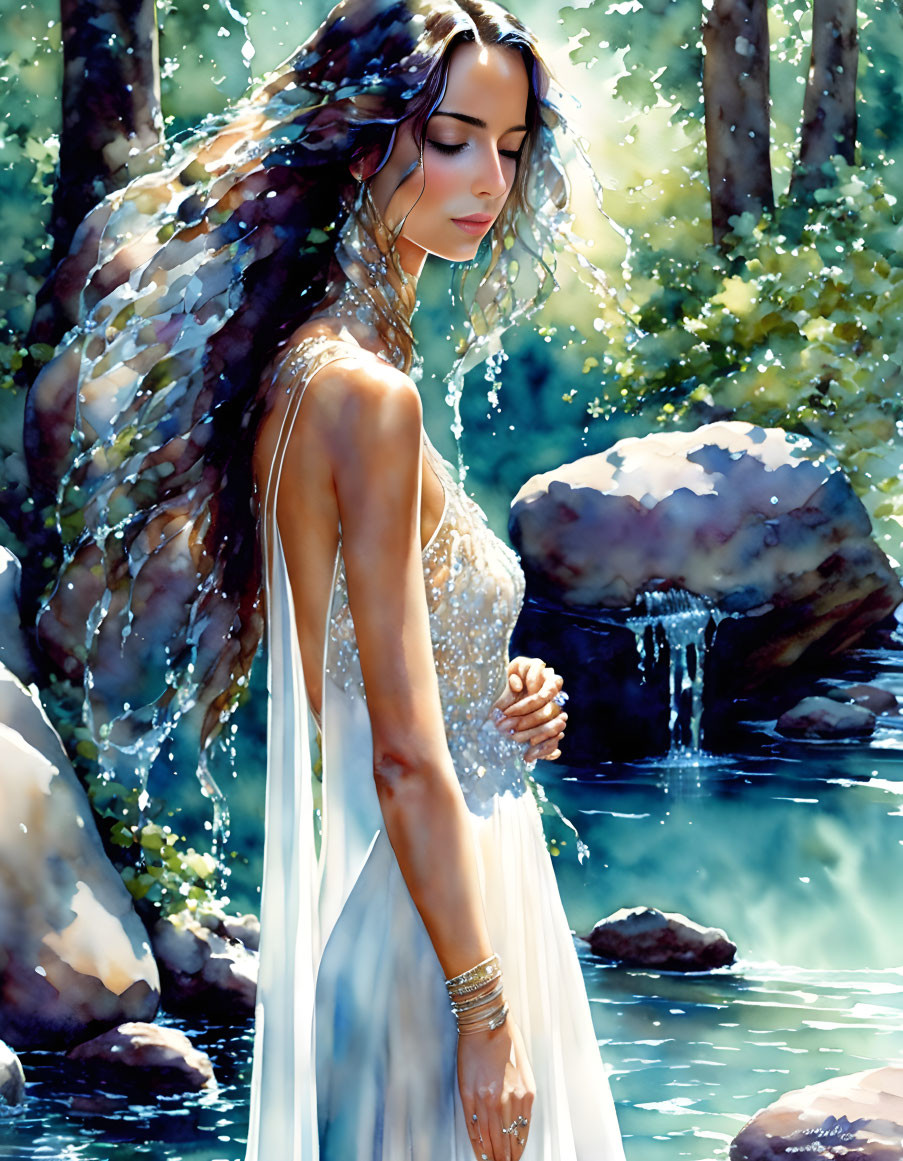 Ethereal woman in sunlit forest by serene stream wearing white dress