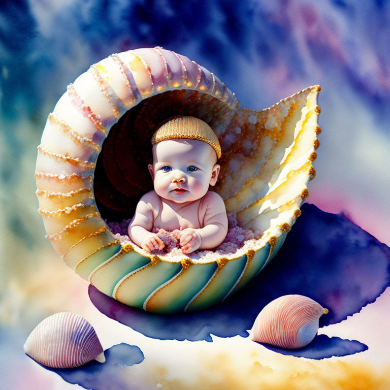 Infant nestled in large nautilus shell among smaller shells on colorful backdrop