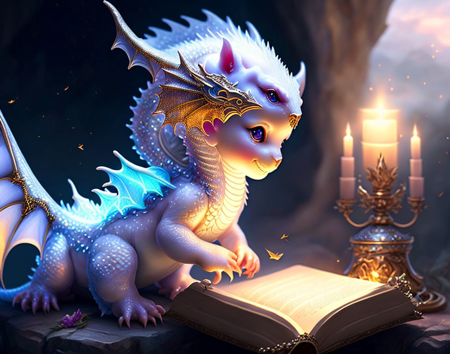 Illustration of small white dragon on open book with candles