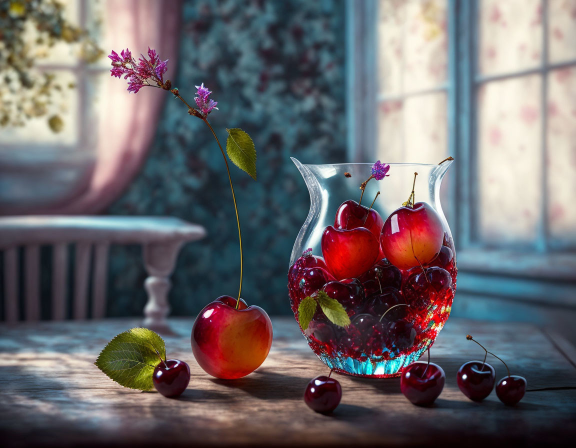 Colorful still life with glass jug, cherries, flowers, and wooden table.