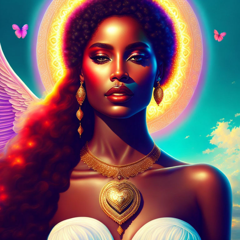 Digital portrait of a woman with glowing skin, curly hair, gold jewelry, and butterflies in a sunrise