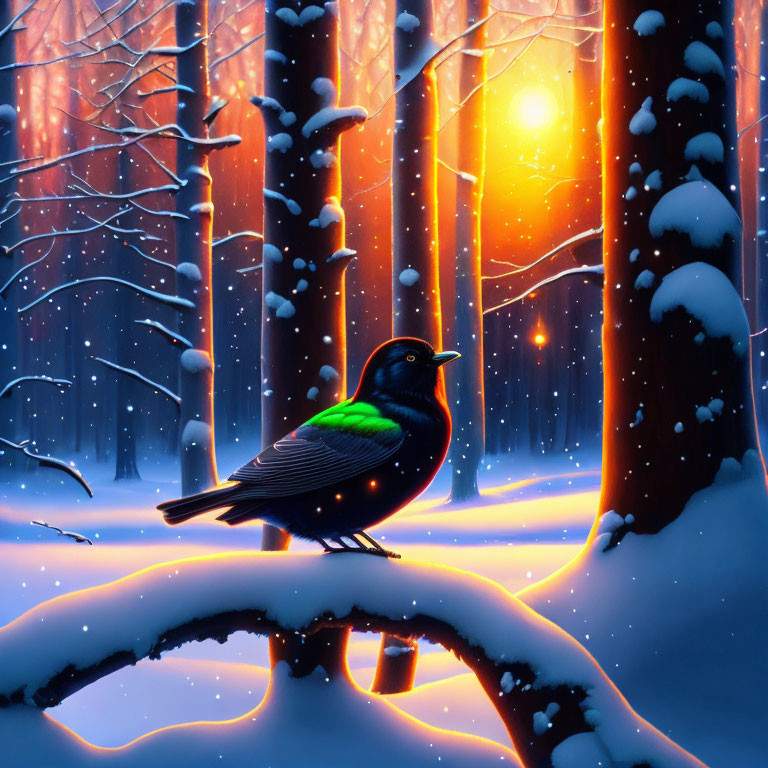 Colorful bird on snowy branch in serene forest at sunset