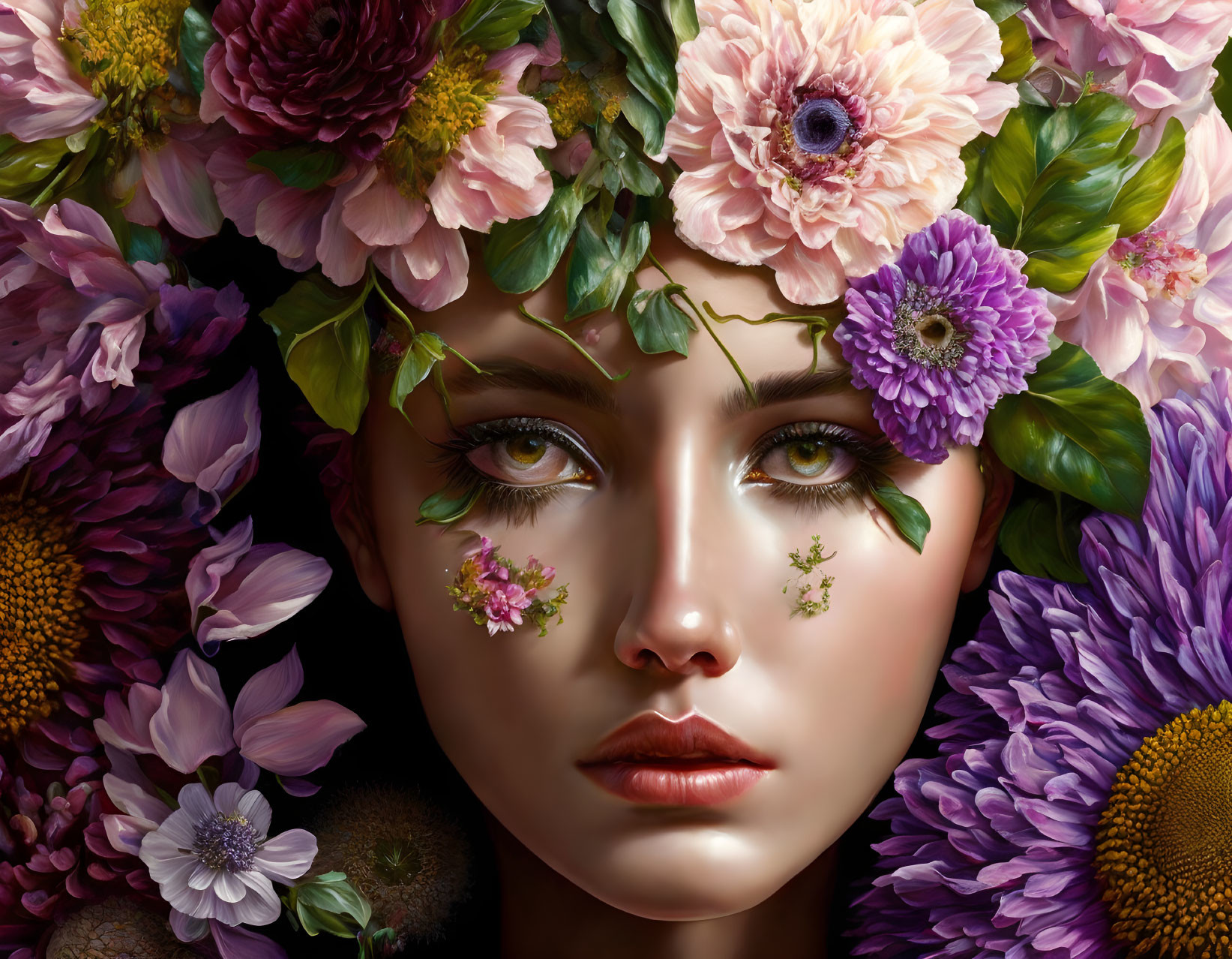 Woman's surreal portrait with vibrant flowers and blossoms, magical and ethereal.