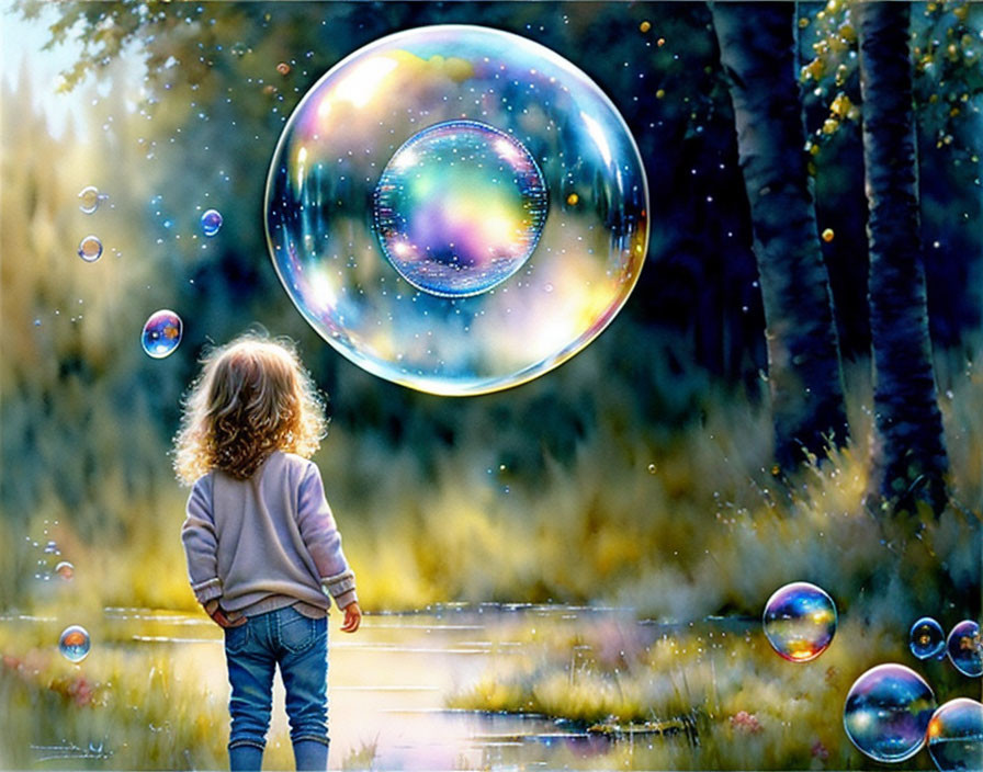 Child in forest clearing mesmerized by iridescent soap bubbles