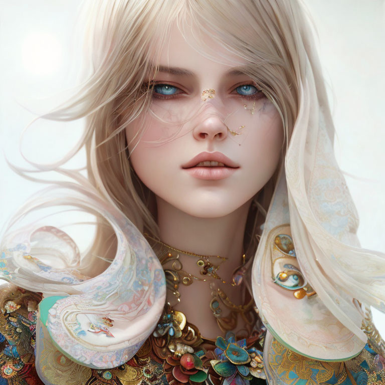 Blonde Woman Digital Artwork with Gold Jewelry