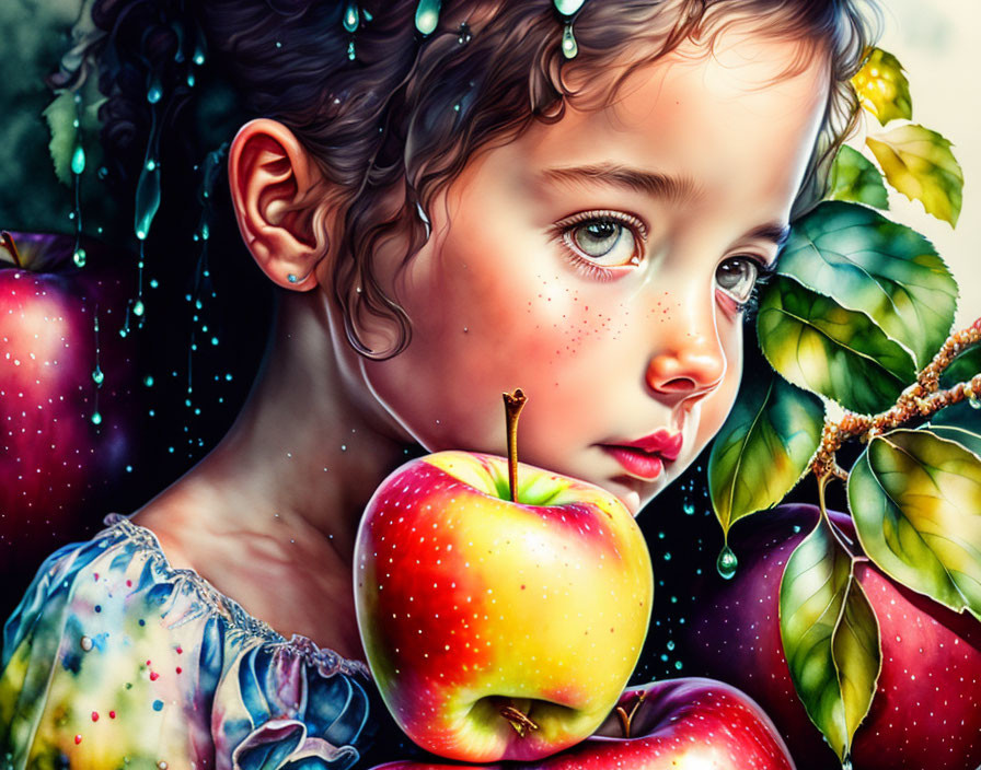 Vibrant illustration of young girl with apple in dreamlike setting