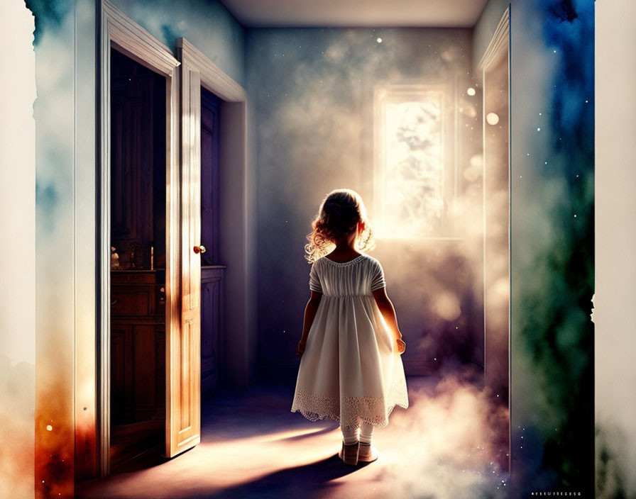 Young girl in white dress back-lit by mystical light in dimly lit room