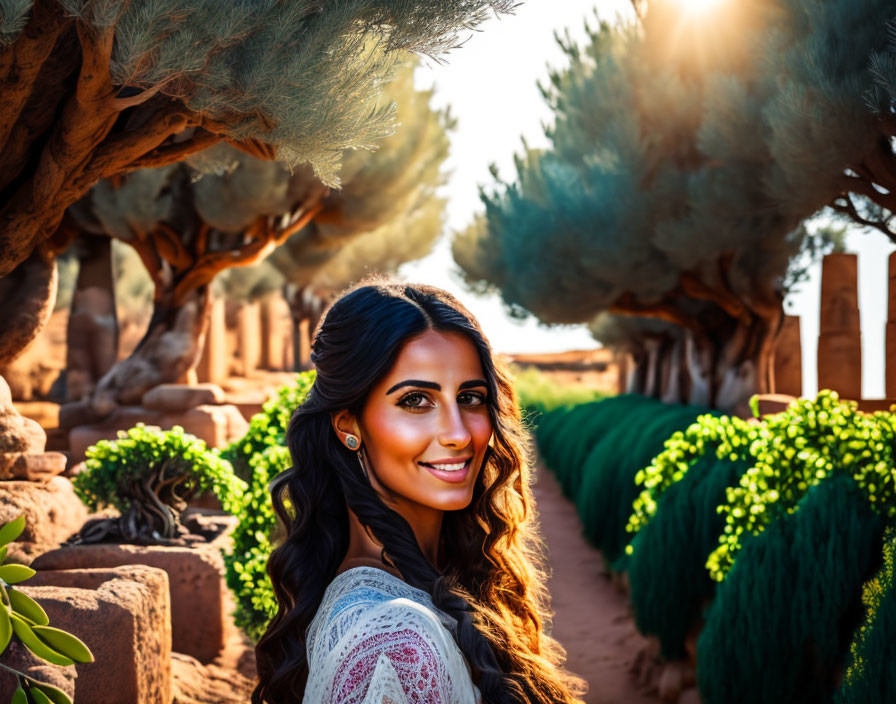 Smiling woman with dark hair in garden with ancient columns and sunlight filtering through trees