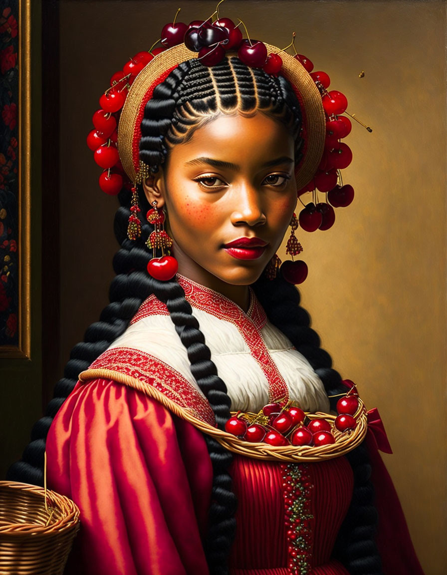 Traditional red and gold outfit with cherry jewelry and braided hair on dark background