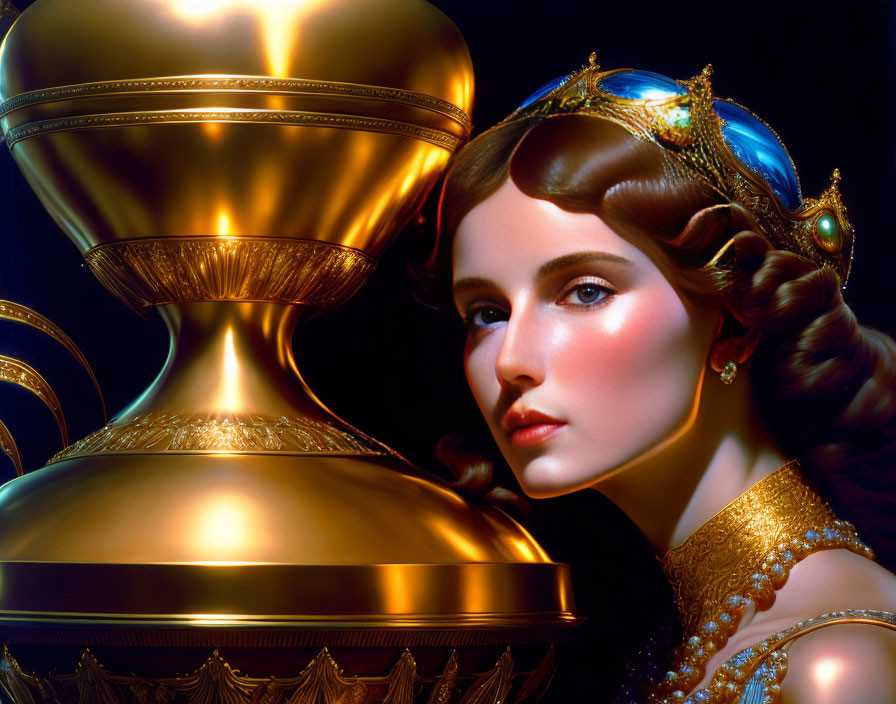 Regal woman with crown and golden trophy in digital artwork