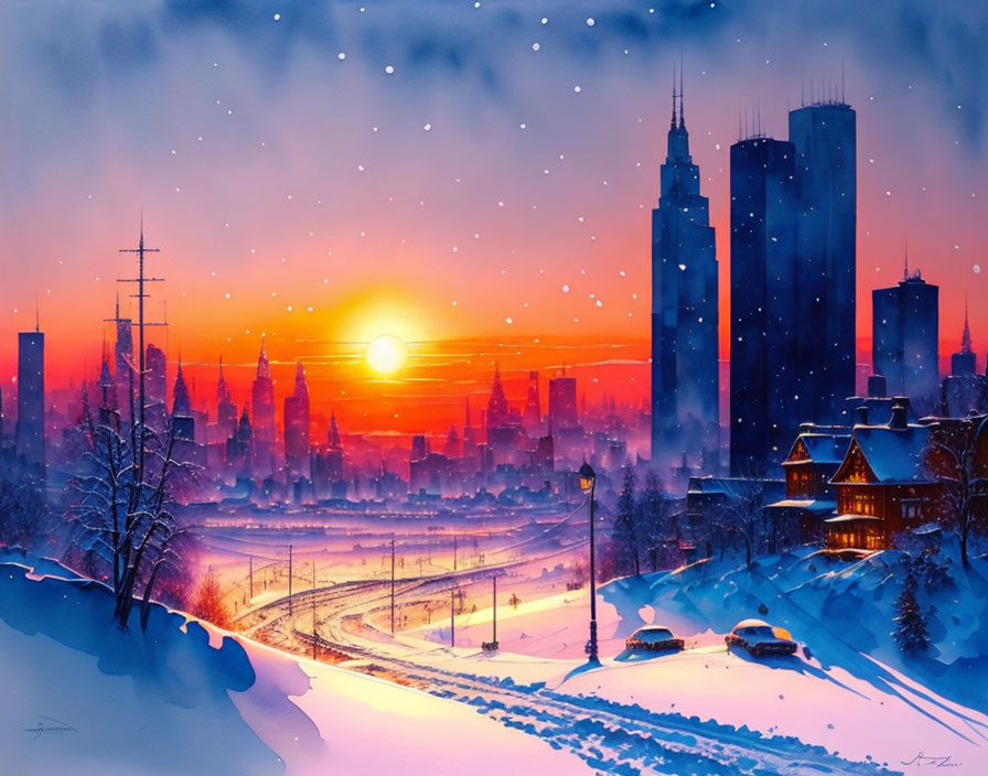 Snow-covered cityscape at sunset with silhouetted skyscrapers and gentle snowfall