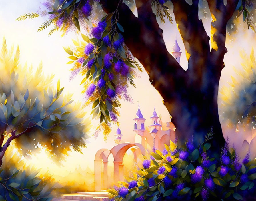 Whimsical garden illustration with purple flowers and castle