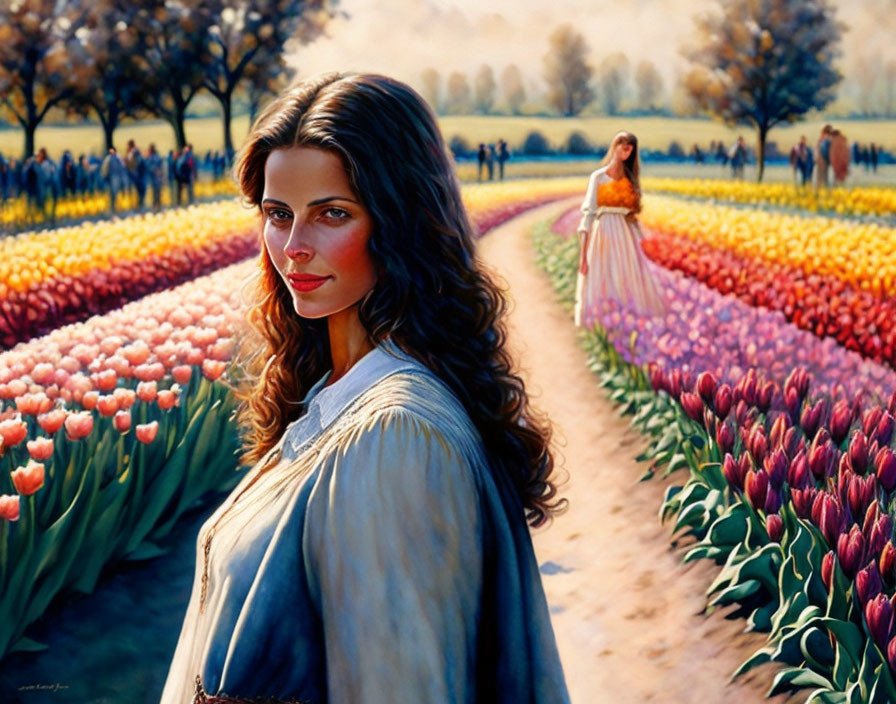 Artistic depiction of two women in a painting with vibrant tulip fields