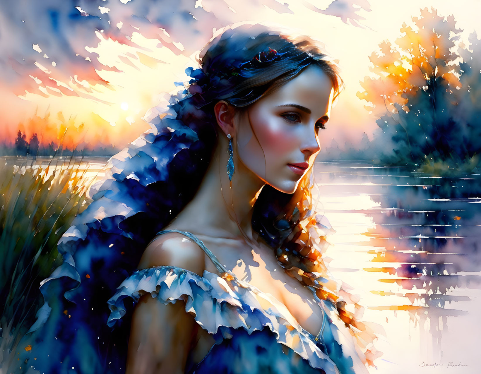 Profile view of elegant woman in dress with jewelry against vibrant sunset waterfront.