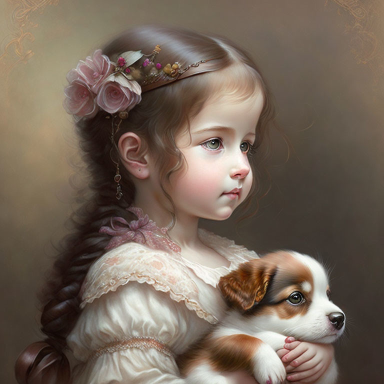 Young girl in floral headpiece and vintage attire holds small puppy in classic portrait