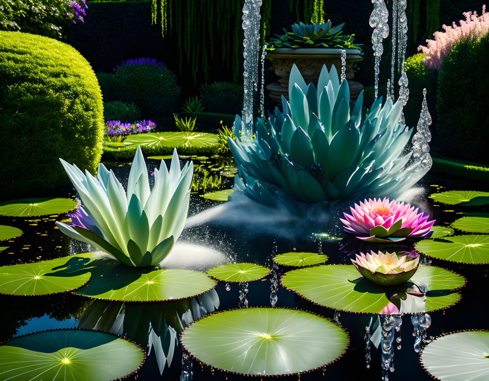 Tranquil Pond with Lotus Sculptures, Water Lilies, and Fountain