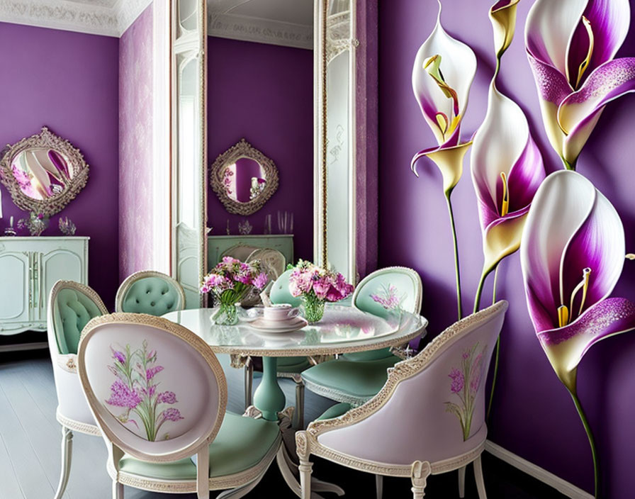 Purple-themed Dining Room with Floral Decor and White Chairs