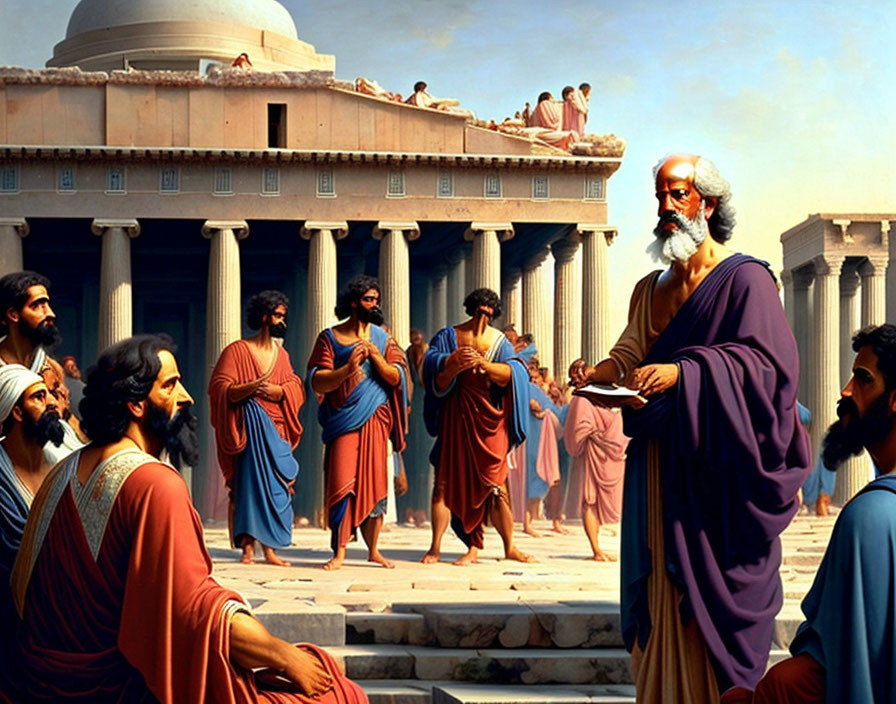 Classical painting of bearded philosopher teaching disciples in ancient Greek attire