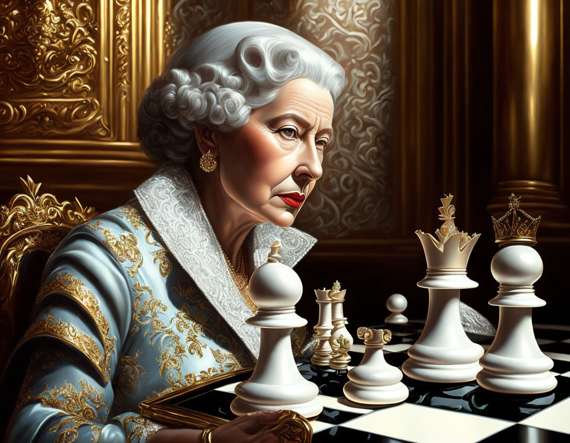 Stylized illustration of queen resembling chess piece in deep thought