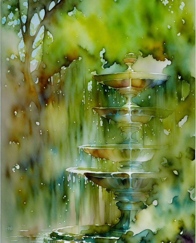 Multi-tiered fountain watercolor painting with lush greenery