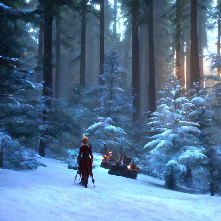 Person in Red Cloak in Snow-Covered Forest with Campfire and Tall Trees