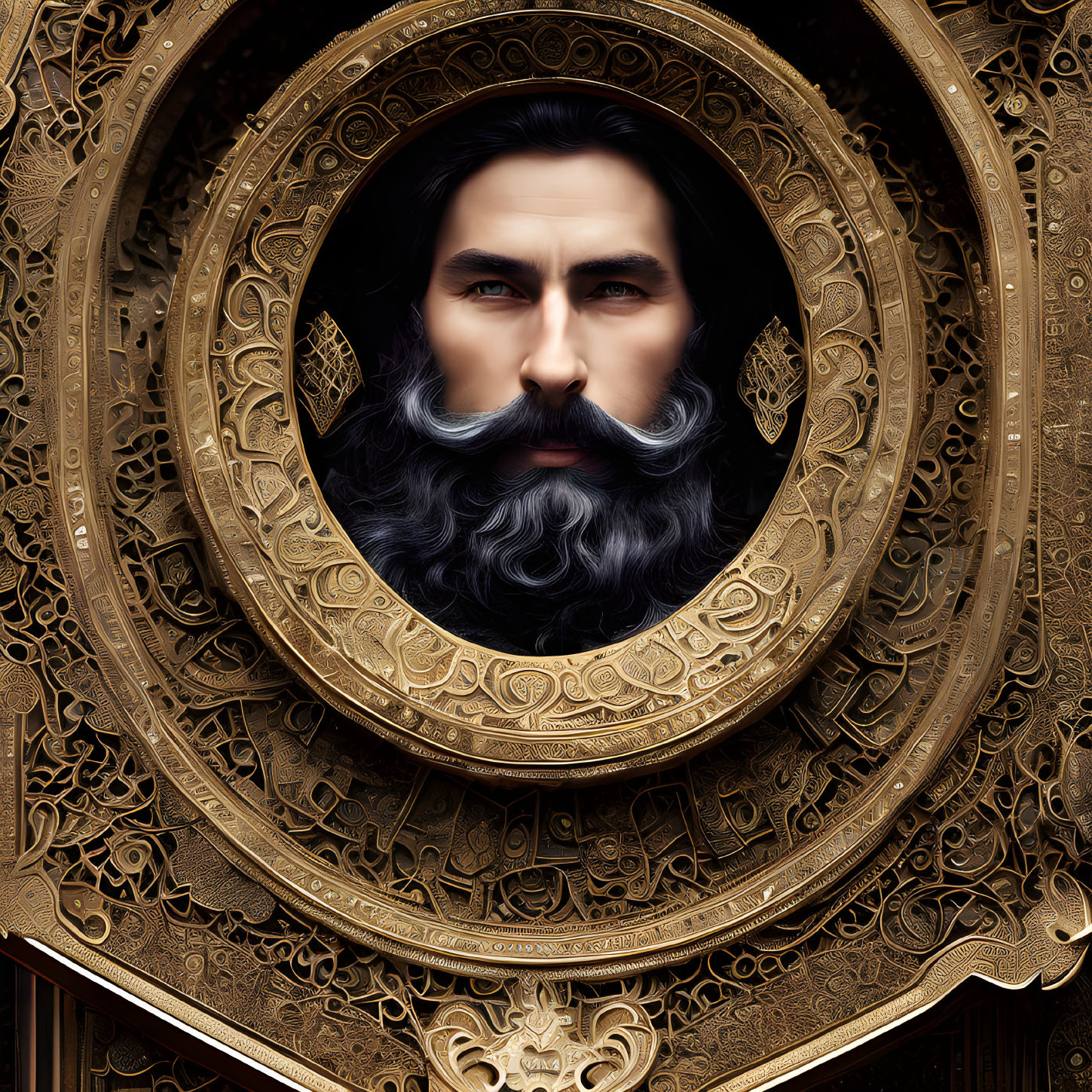 Detailed illustration of a bearded man with intense gaze in ornate golden frame