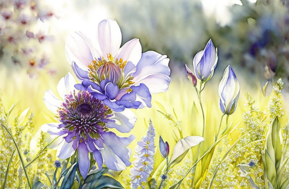 Delicate Purple and White Flowers in Watercolor Painting