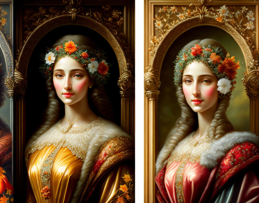 Diptych of Woman Portraits with Flower Crown in Regal Attire