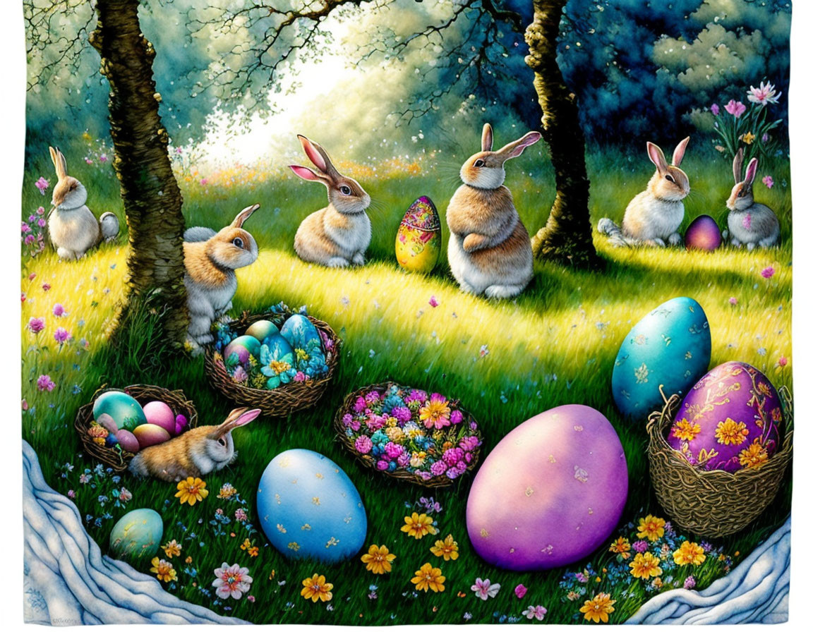 Easter-themed image: Rabbits, decorated eggs, meadow, baskets, woodland.