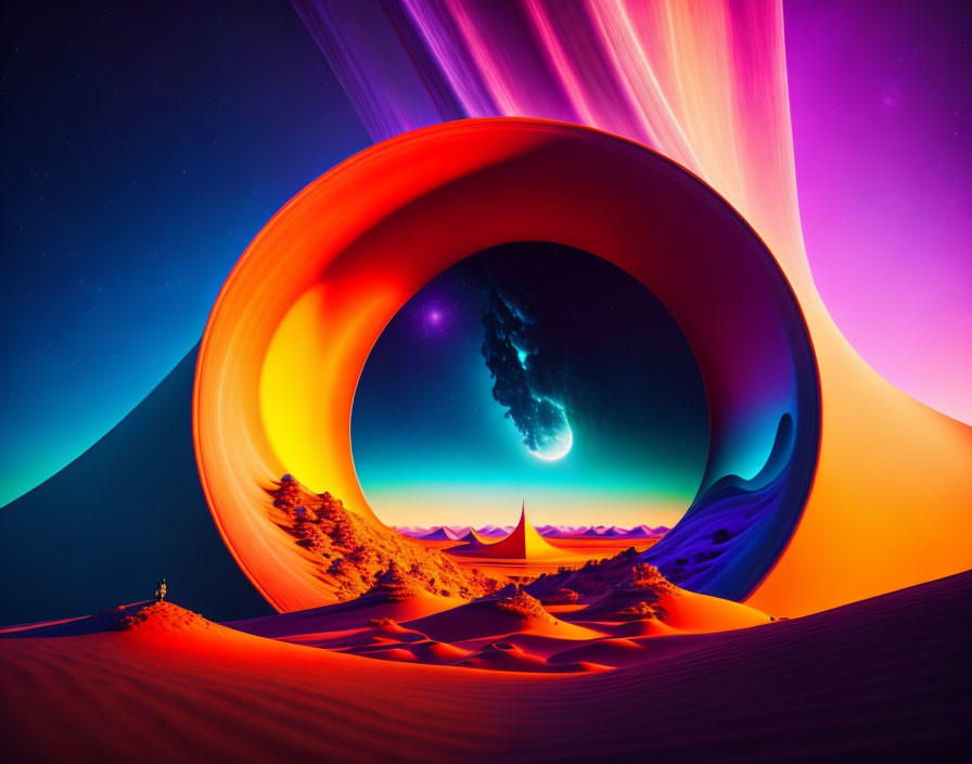 Vibrant surreal landscape: swirling portal, desert dunes, mountain backdrop, celestial body