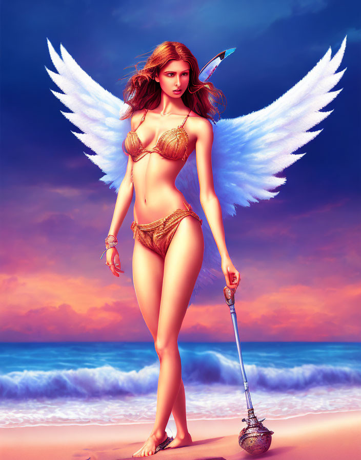 Digital artwork: Winged angel in golden armor on beach at sunset