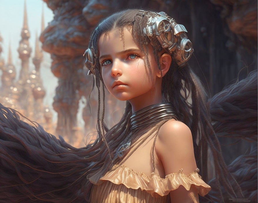 Young girl with cybernetic enhancements and braided hair in detailed fantasy setting