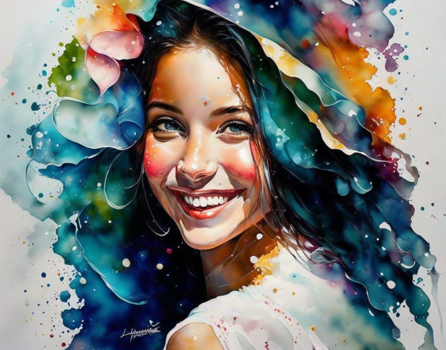 Colorful Watercolor Painting of Smiling Woman with Dynamic Hair