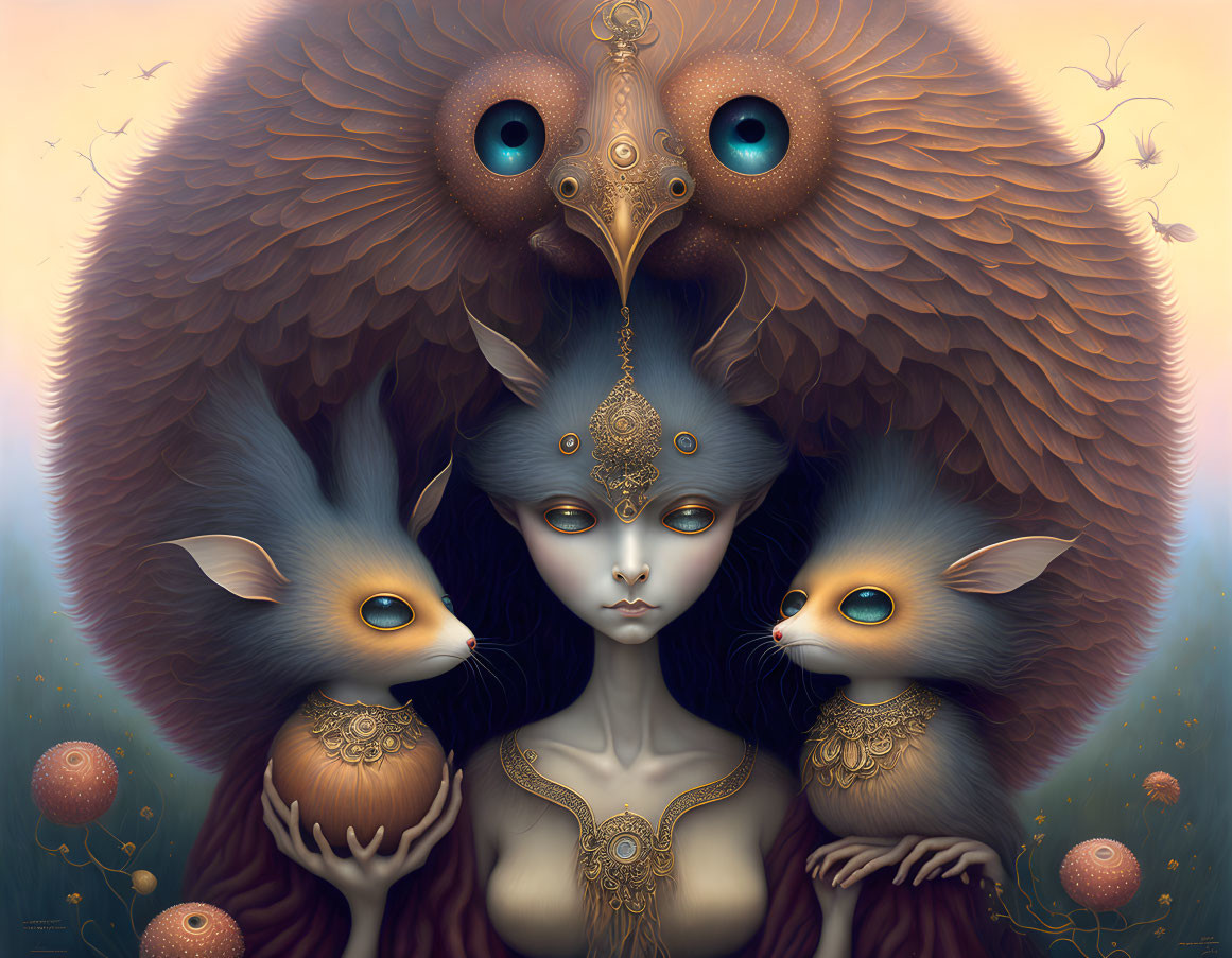 Surreal artwork with central figure, creatures, and owl-like figure