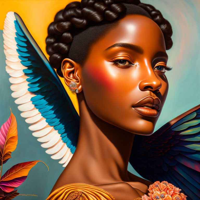 Portrait of Woman with Dark Braided Hair and Blue Bird Wings in Warm Orange Tones