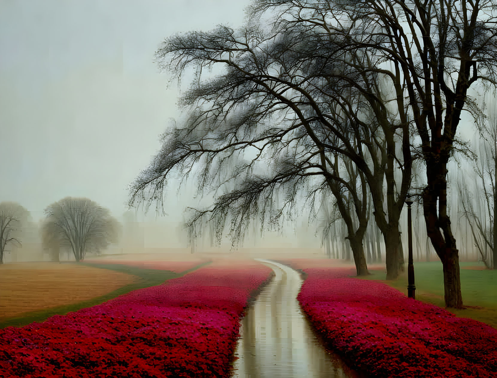 Serene foggy landscape with red flowers and bare trees