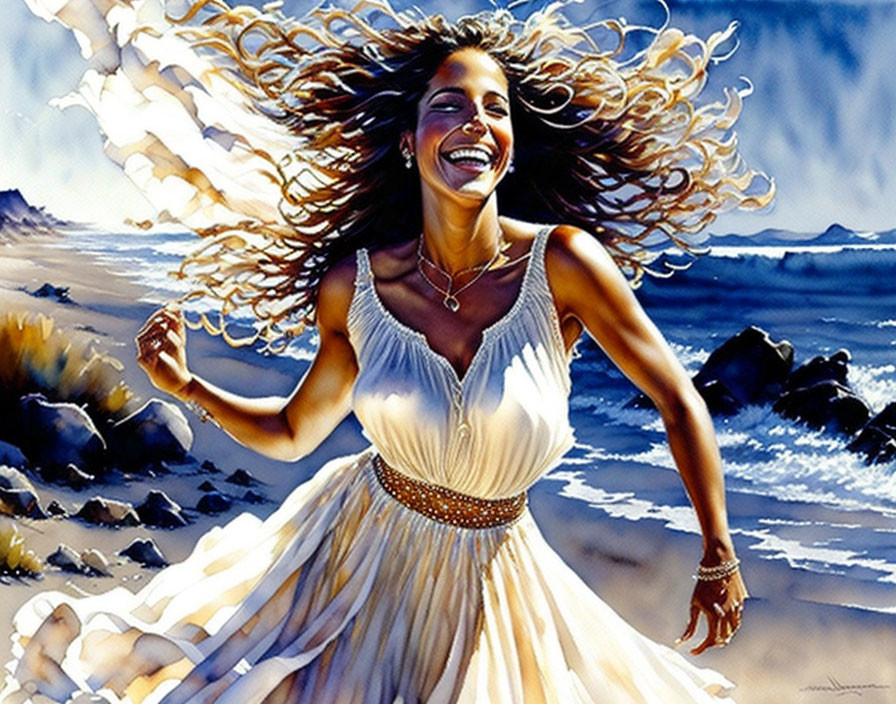 Smiling woman in white dress on sunny beach with waves