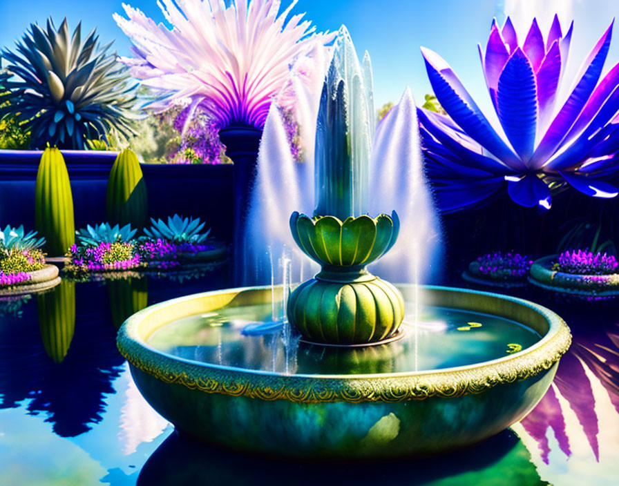 Ornate fountain with vibrant fantasy flora and serene water surface