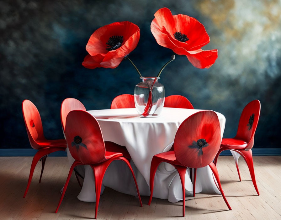 Colorful Dining Setup with Red Poppy Chairs and Blue Gradient Background