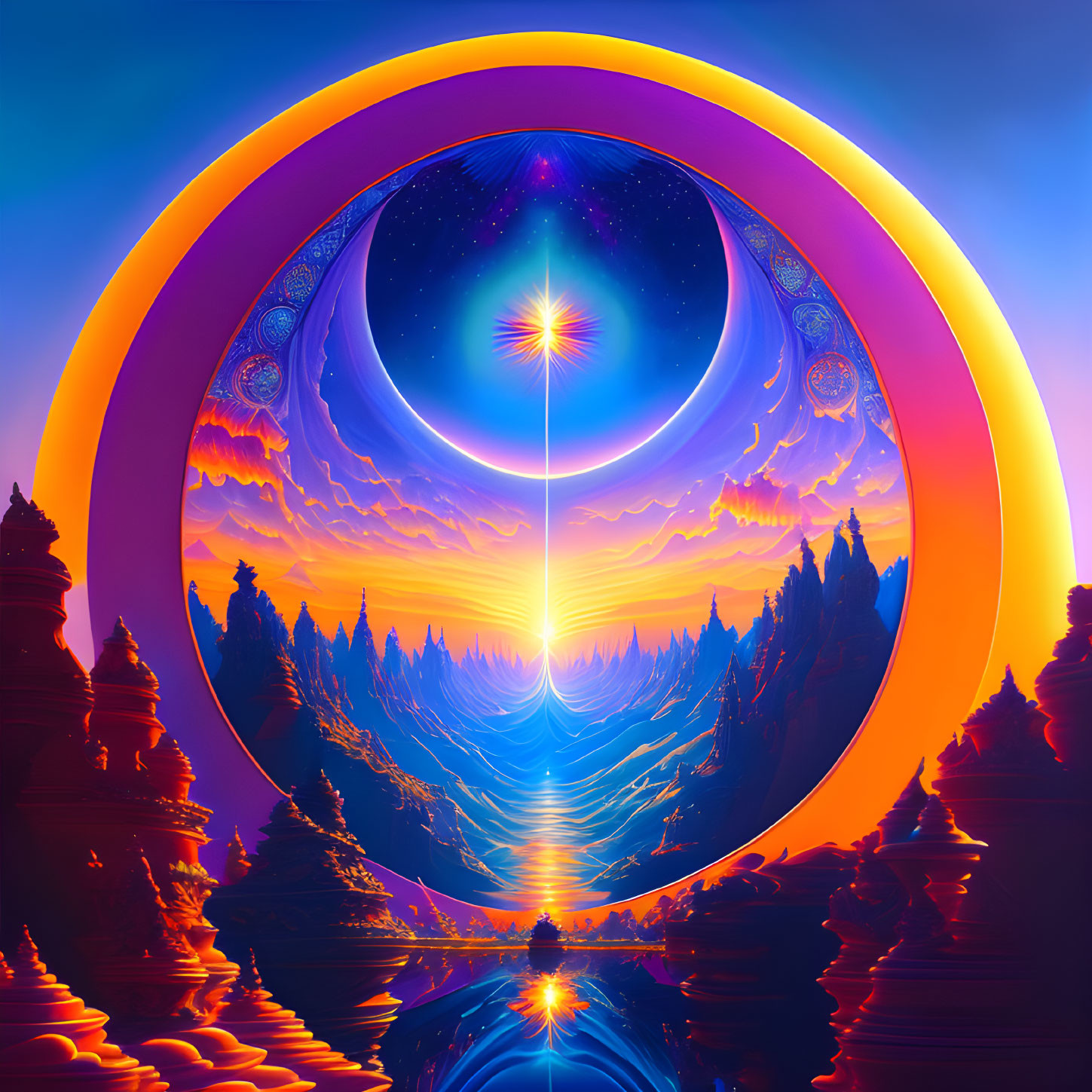 Colorful Psychedelic Celestial Landscape with Mountains, Temples, and Cosmic Event