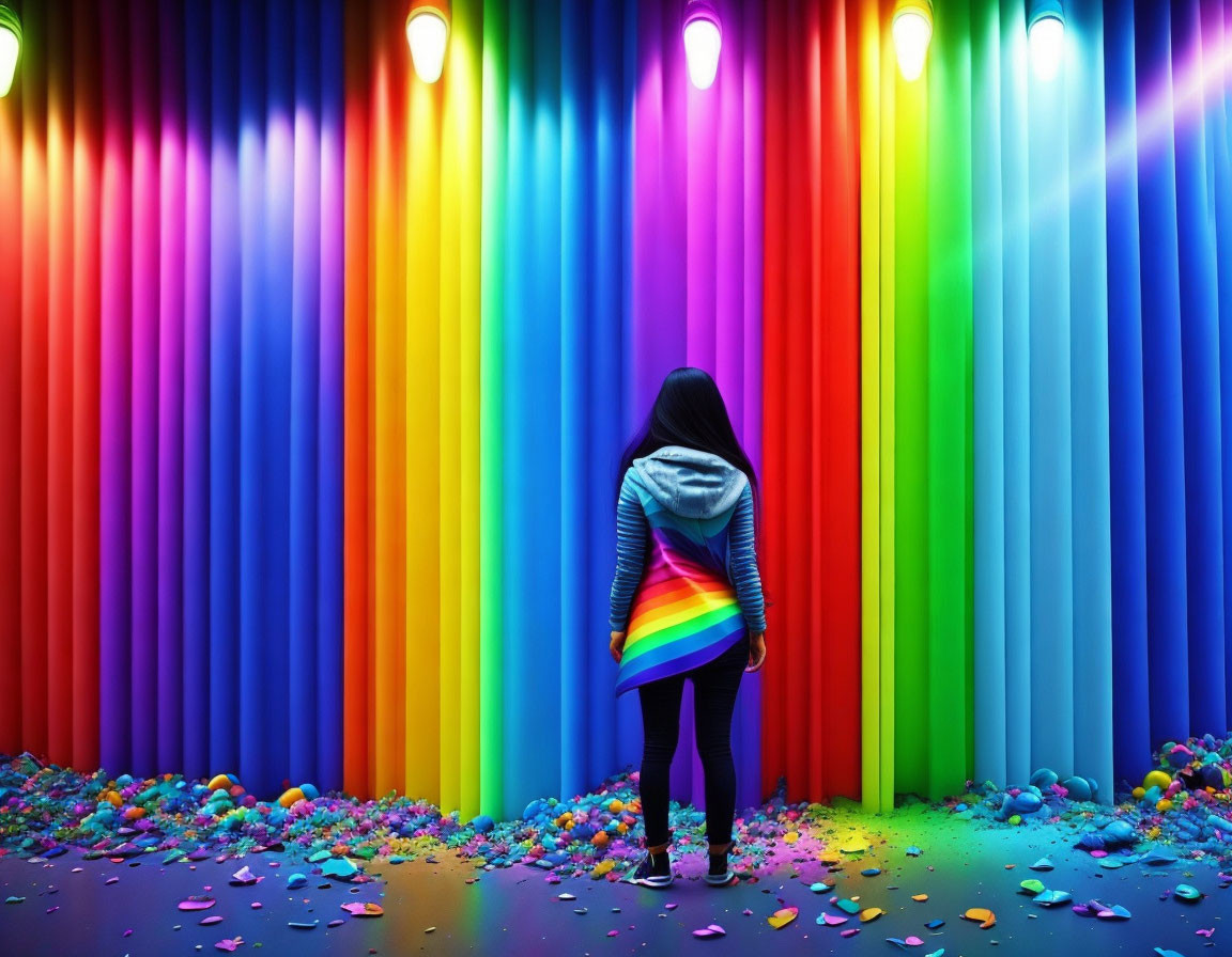 Colorful Rainbow Wall with Confetti and Beams of Light