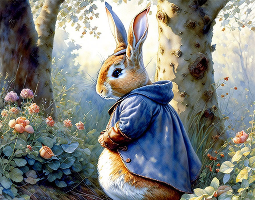 Anthropomorphized rabbit in blue jacket in whimsical forest scene