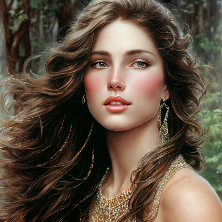 Portrait of a Woman with Brown Hair and Green Eyes in Forest Scene