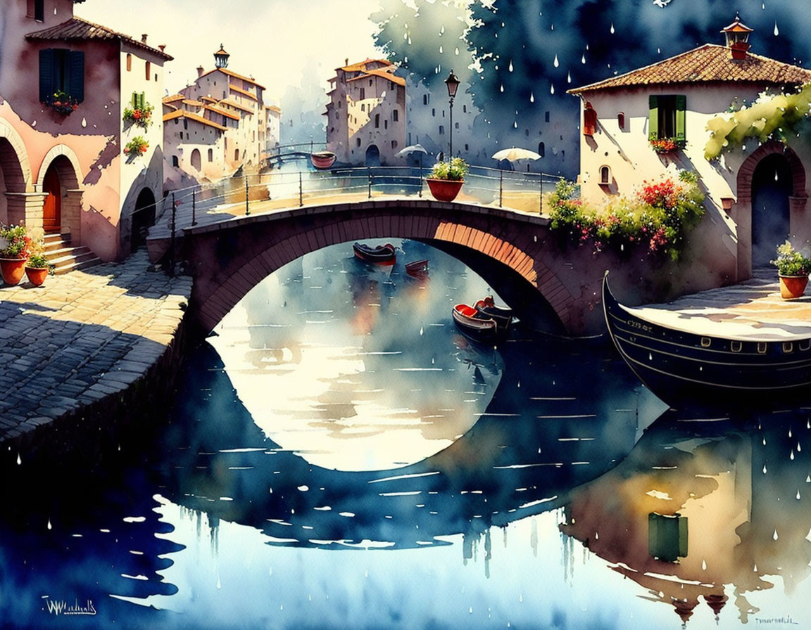 Serene canal with stone bridge, boats, and waterfront houses in vibrant watercolor