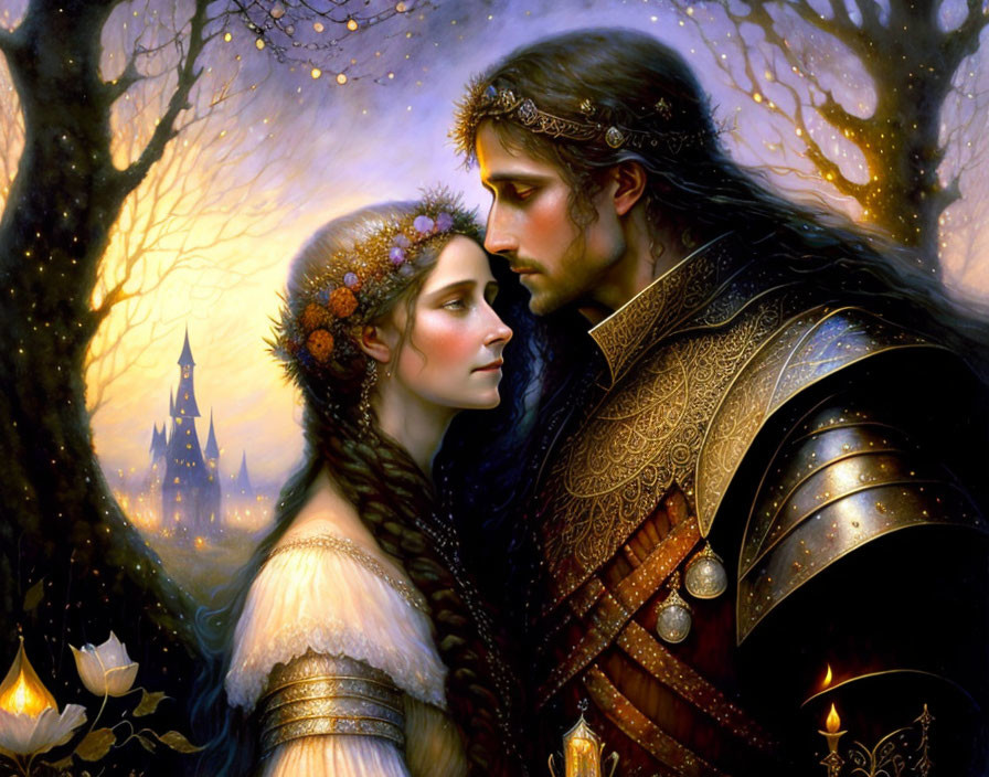 Fantasy artwork: Royal couple embracing in enchanted forest with castle backdrop